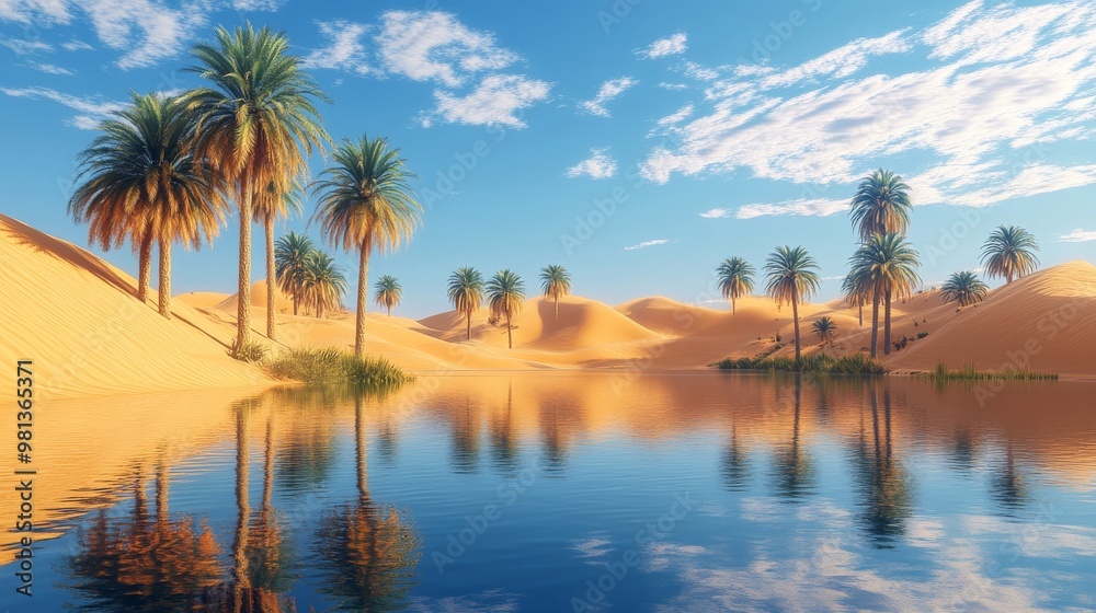 Obraz premium Palm Trees Reflecting in a Still Oasis Lake