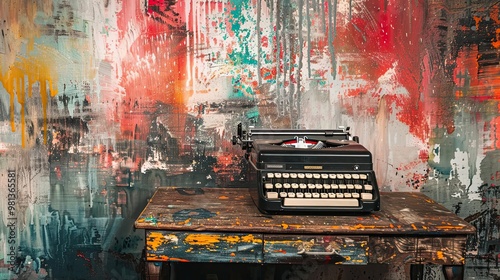 Exaggerated colors and raw brushstrokes create a neo-expressionist typewriter scene photo