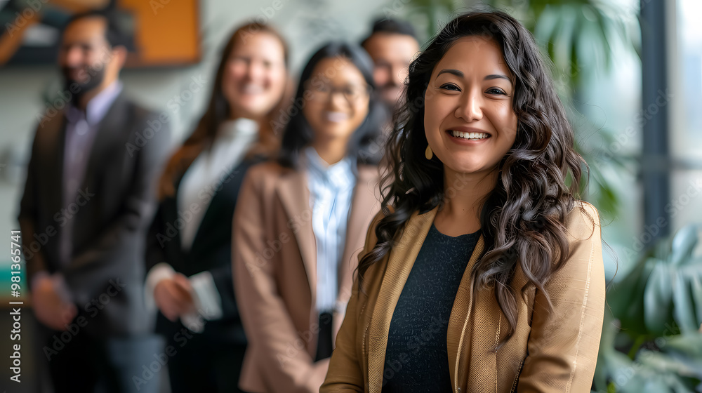 Obraz premium Happy smiling confident female Hispanic businesswoman team leader standing together with diverse multiethnic business group in office. Company professional multinational staff portrait