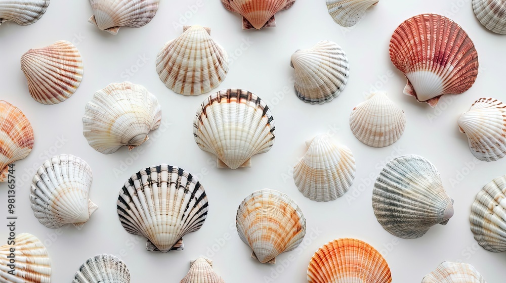 Simplified seashells on white background showcasing minimalist design and purity Simplified seashells on white background showcasing minimalist design and purity