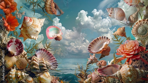 Colorful seashells in surreal arrangement with whimsical dreamlike details