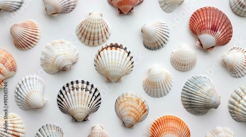 Simplified seashells on white background showcasing minimalist design and purity