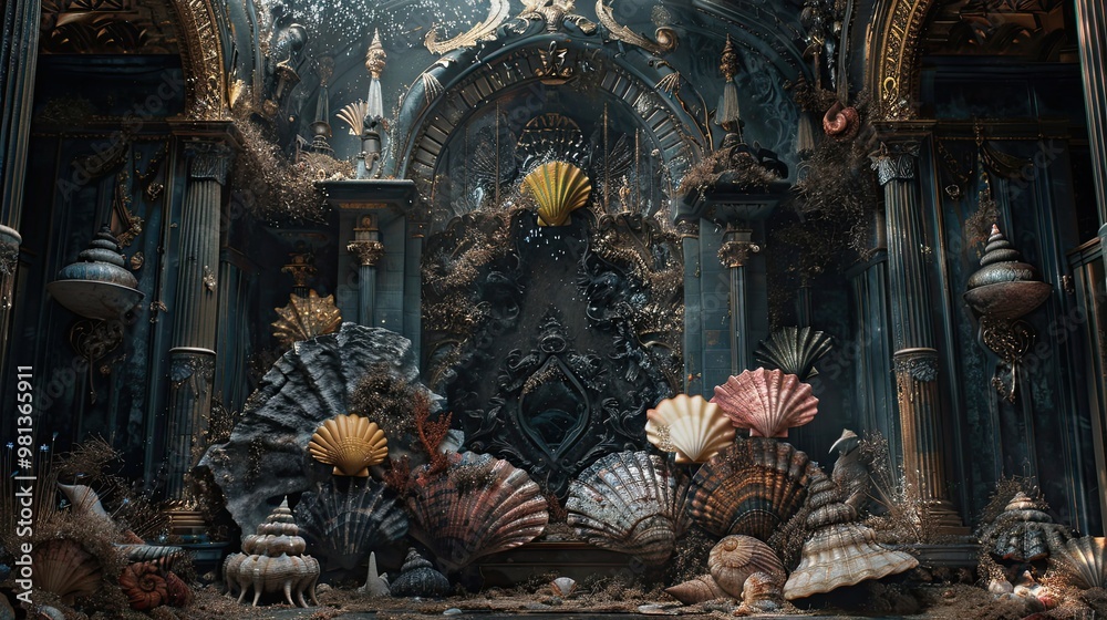 Obraz premium Dramatic gothic arrangement of seashells featuring intricate details and dark atmosphere