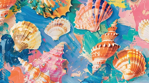 Expressive fauvist seashells with spontaneous brushstrokes and vivid color choices photo