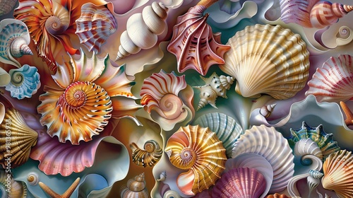 Mannerist seashells arranged with elongated forms and whimsical stylized elements