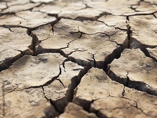 Cracked Dried Earth Patterns Textured Background of Arid and Parched Desert Terrain photo