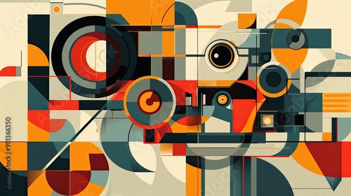 Cubist film camera deconstructed into geometric shapes and abstract forms photo