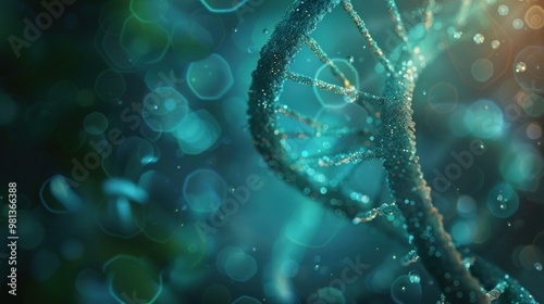 A close-up of a DNA strand, rendered in a 3D style.