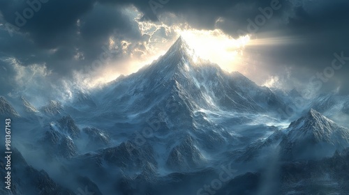 A Majestic Mountain Peak Bathed in Sunlight with Clouds and Snow photo