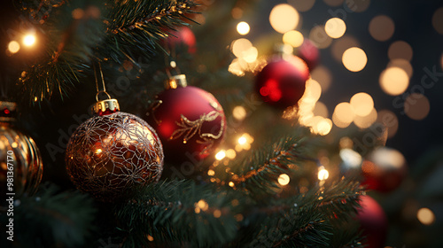 close up of well decorated Christmas tree photo