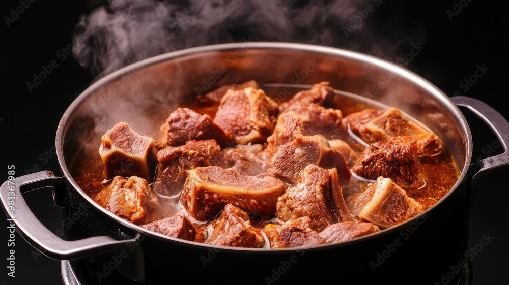 Beef bones boiling in a large pot, with steam and spices visible, for broth preparation, beef broth making, traditional culinary Beef bones boiling in a large pot, with steam and spices visible, for broth preparation, beef broth making, traditional culinary