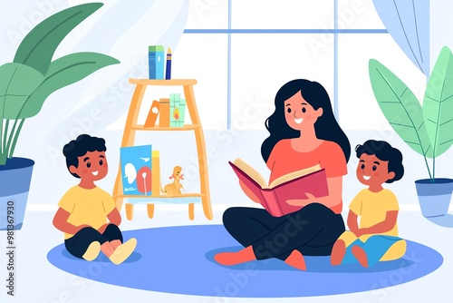 Teacher Reading to Attentive Children in a Classroom Setting – A Calm and Educational Illustration Highlighting Storytelling, Learning, and Early Childhood Education