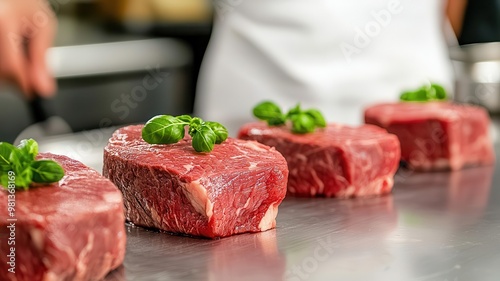 Freshly cut beef steaks lined up on a stainless steel counter in a professional kitchen, beef preparation, gourmet cooking