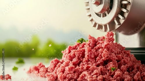 Raw ground beef being minced in a commercial grinder, closeup of fresh meat strands, beef grinding, meat preparation