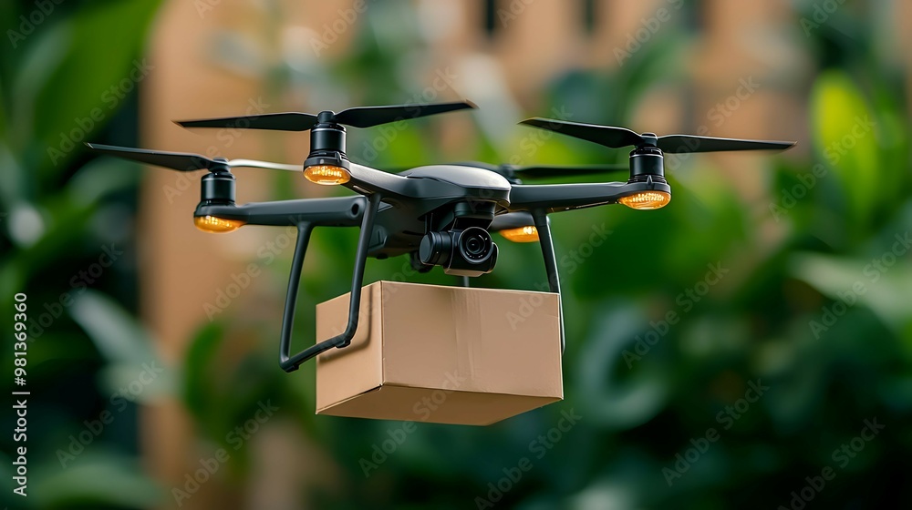 Drone Delivery Package Flying in Green Nature Drone Delivery Package Flying in Green Nature