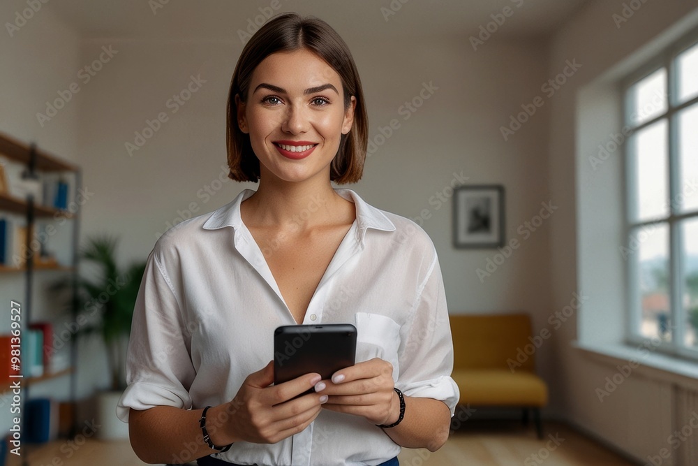Smiling Woman Holding Smartphone Smiling Woman Holding Smartphone