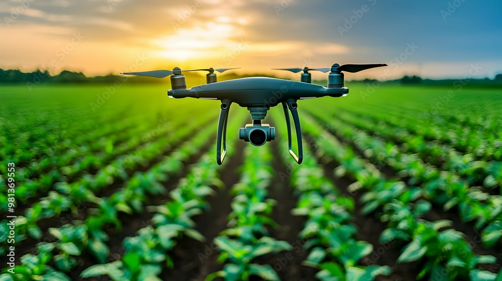 Drone Flying Over Green Field At Sunset Drone Flying Over Green Field At Sunset