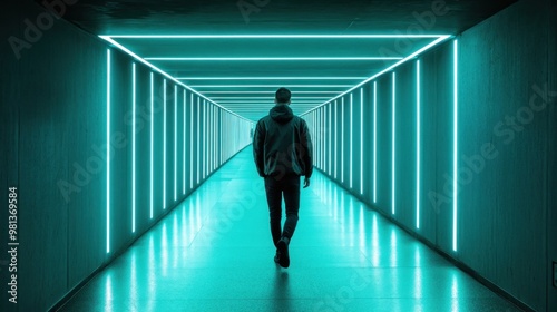 A solitary figure walks through a sleek tunnel adorned with striking blue neon lights. The bright illumination creates a futuristic atmosphere in an urban environment at dusk