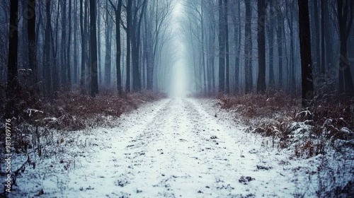 A serene snowy path leads through a fog-covered forest, where the trees stand bare against the chilly winter air, creating a tranquil atmosphere for a quiet escape