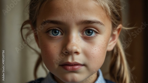 Emotional first day of school with close-up of teary eyes. photo