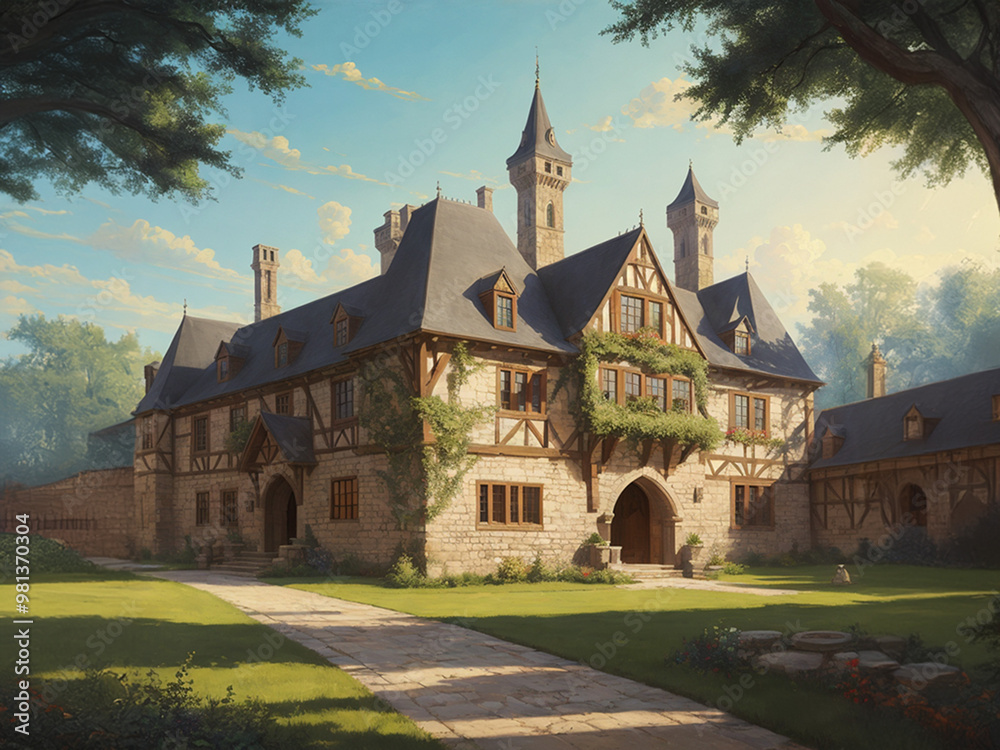 Lovely medieval manor of a nobleman with fancy plants and blue sky behind it Lovely medieval manor of a nobleman with fancy plants and blue sky behind it
