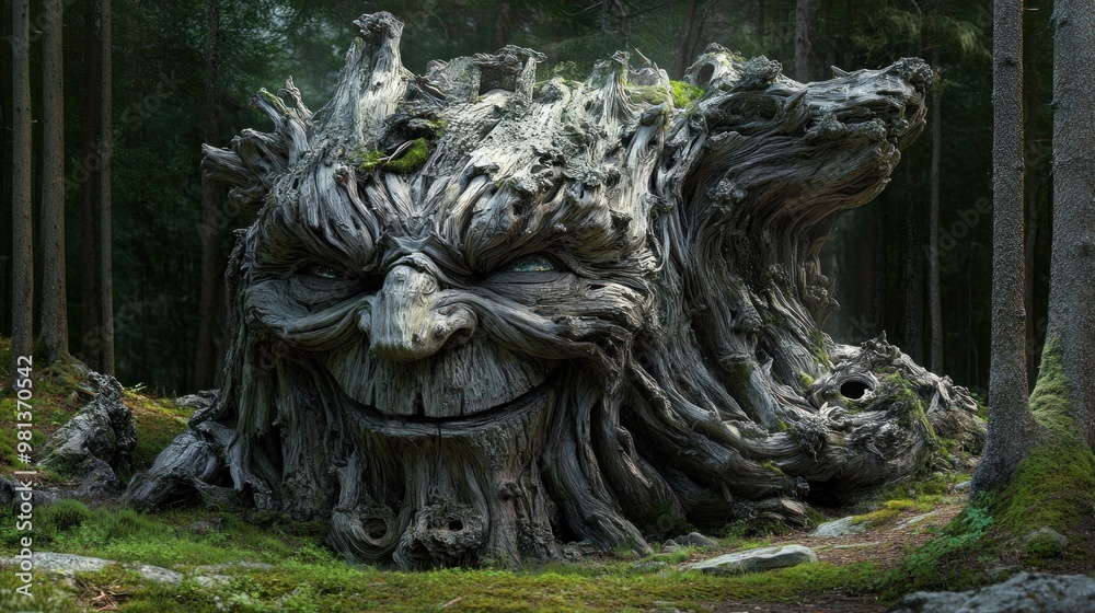 A large tree trunk sculpture, resembling a smiling face, nestled in a magical forest filled with towering trees and vibrant green moss along the ground, illuminated by soft sunlight A large tree trunk sculpture, resembling a smiling face, nestled in a magical forest filled with towering trees and vibrant green moss along the ground, illuminated by soft sunlight