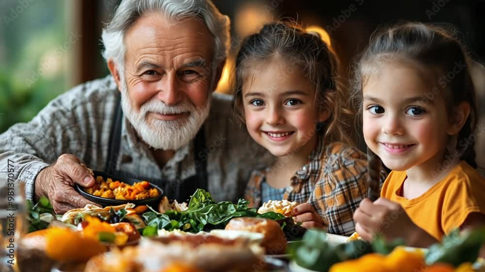 This Grandfather shares a delightful meal with his two smiling grandchildren at home, surrounded by food. This Grandfather shares a delightful meal with his two smiling grandchildren at home, surrounded by food.
