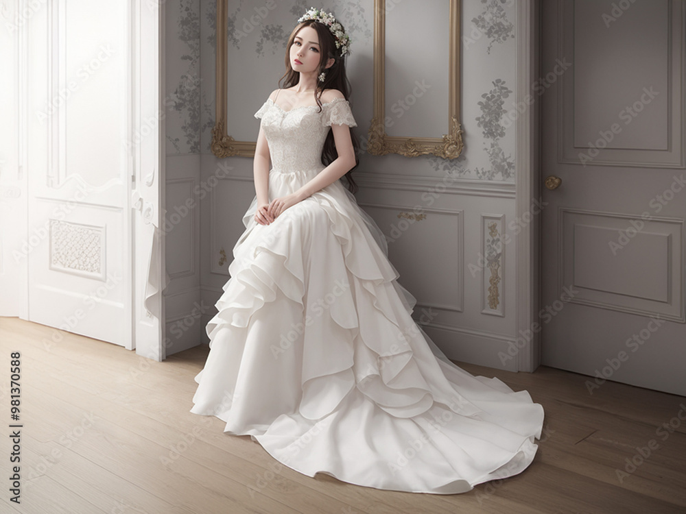 bride in white dress posing in front of a beautiful museum wall with decorated flowers on wall bride in white dress posing in front of a beautiful museum wall with decorated flowers on wall