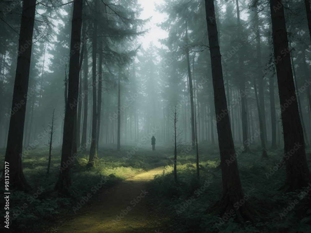 Lone hiker on the pathway ahead of a spooky forest with fog Lone hiker on the pathway ahead of a spooky forest with fog