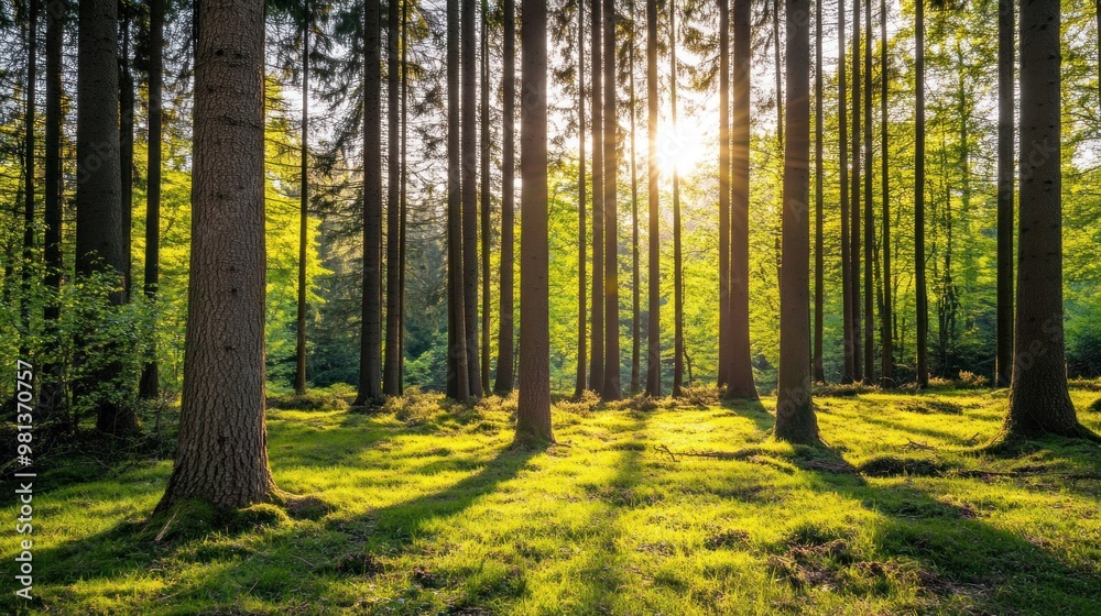 Fototapeta premium Morning light illuminates a lush green forest as sunlight streams between tall trees, casting gentle shadows on the soft, mossy ground below