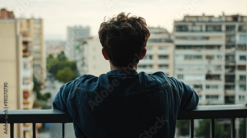 A young individual stands on a balcony, gazing thoughtfully at the city skyline as the sun sets, casting warm hues across the buildings and streets below