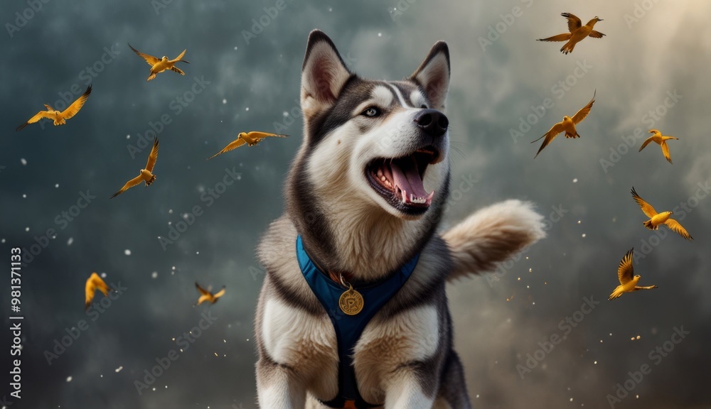 Husky Amidst Golden Birds