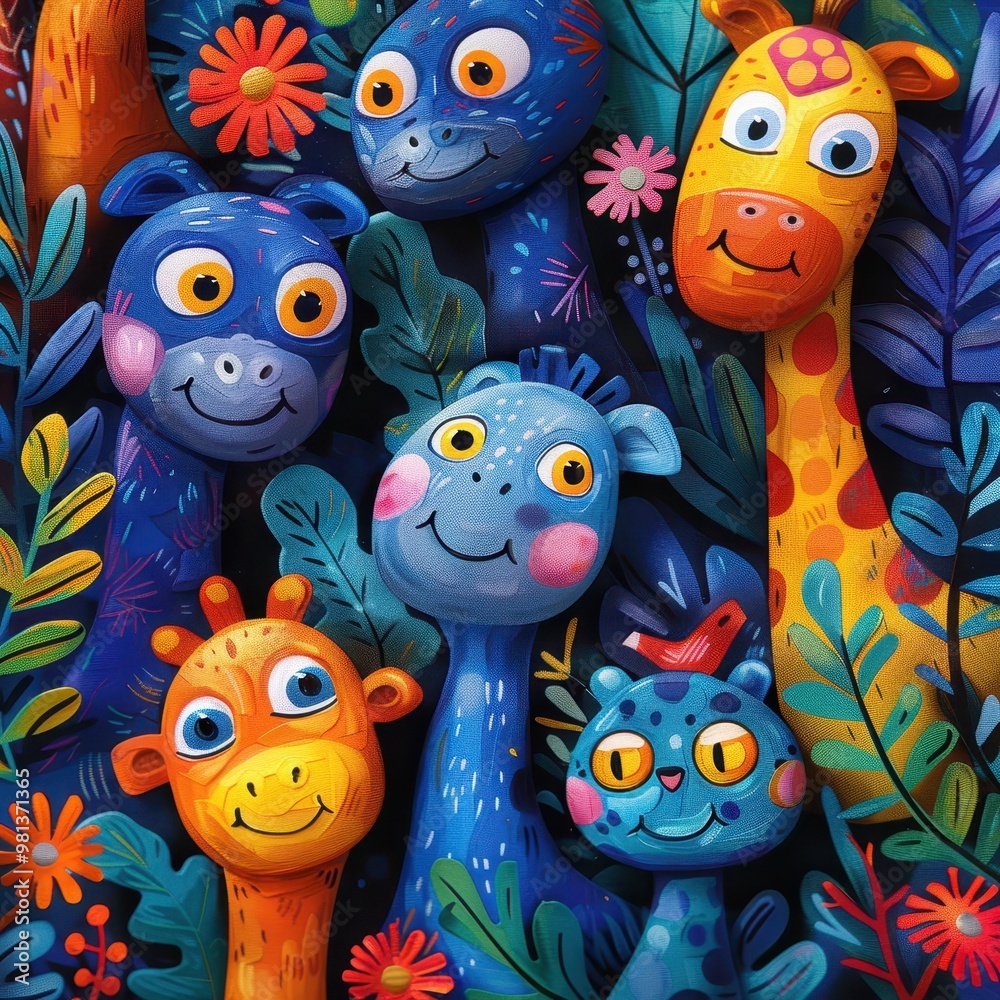 Obraz premium cute animal characters, children's room, animation, cartoon, fun, illustration, wallpaper, background