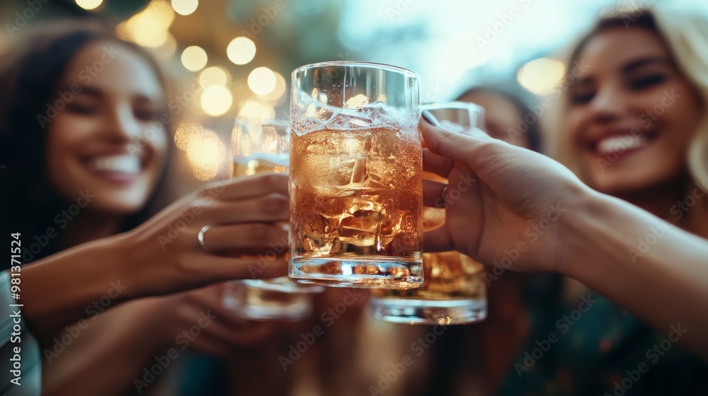 Women enthusiastically raise their glasses, clinking them together amidst a vibrant outdoor ambiance, celebrating friendship and summer warmth Women enthusiastically raise their glasses, clinking them together amidst a vibrant outdoor ambiance, celebrating friendship and summer warmth