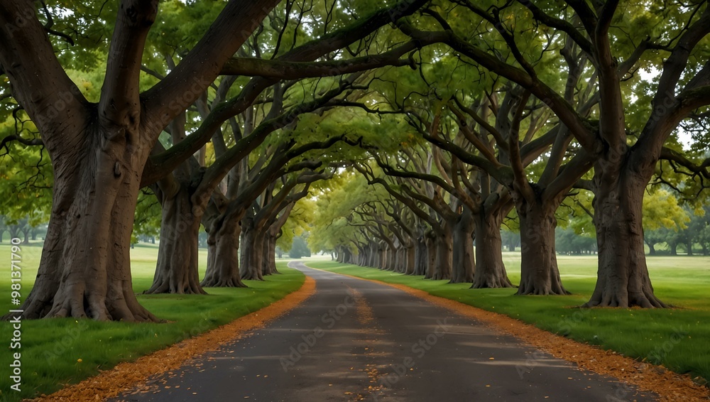 Enchanting oak tree tunnel in a serene park. Enchanting oak tree tunnel in a serene park.