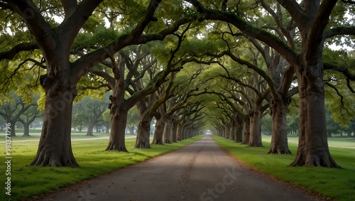 Enchanting oak tree tunnel in a serene park.