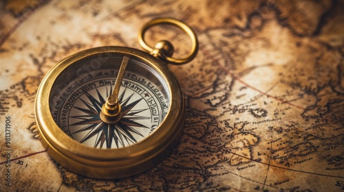 The vintage brass compass lies on a weathered world map, its needle indicating north, symbolizing guidance and the spirit of exploration