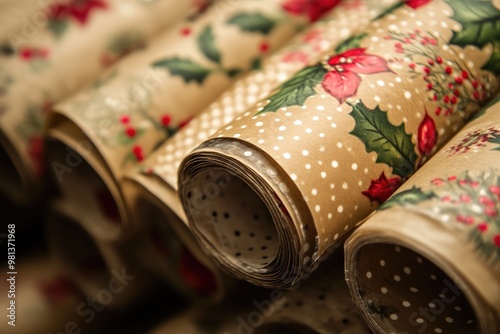 Vintage Brown Wrapping Paper with Poinsettias. photo