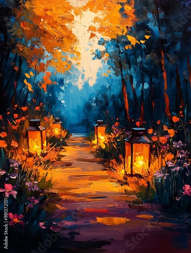 Enchanted Pathway with Lanterns in Autumn Forest