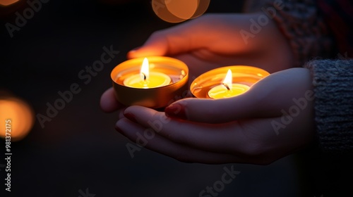 In a serene evening setting, two hands gently hold small flickering candles, casting a warm glow while the background softly fades away into darkness