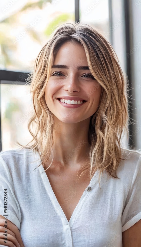 Portrait of a cheerful, young businesswoman with long blonde hair, smiling, by the window. Portrait of a cheerful, young businesswoman with long blonde hair, smiling, by the window.