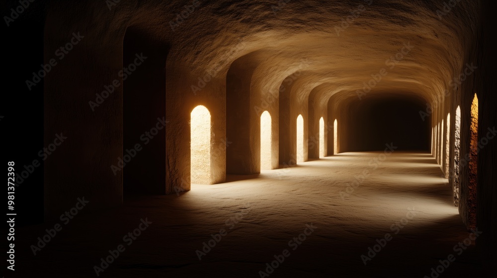 Soft light streams through arched openings in a subterranean corridor, highlighting textured walls and creating an atmospheric ambiance in this historical site Soft light streams through arched openings in a subterranean corridor, highlighting textured walls and creating an atmospheric ambiance in this historical site