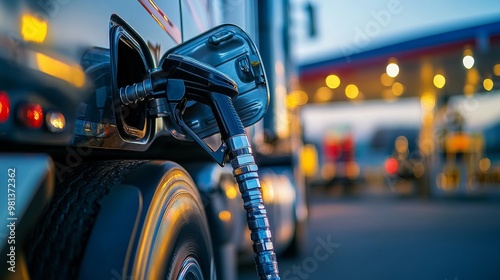 A semitruck is being refueled at a gas station, showcasing the nozzle inserted into the tank. The lighting hints at the early evening, highlighting the activity photo