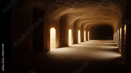 Soft light streams through arched openings in a subterranean corridor, highlighting textured walls and creating an atmospheric ambiance in this historical site