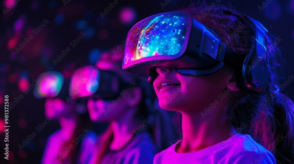 A group of children experiences an exciting activity using virtual reality headsets, fully engaged and enjoying a colorful, immersive digital environment A group of children experiences an exciting activity using virtual reality headsets, fully engaged and enjoying a colorful, immersive digital environment