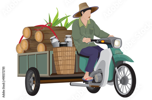 agriculturist riding motorcycles with sidecars, carrying firewood,vector design.