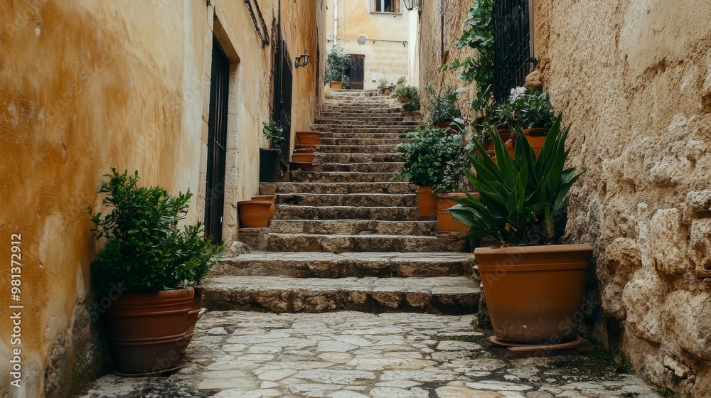 Obraz premium Scenic Italian Charm Stone Steps, Warm Hues, and Lush Potted Plants Enchant a Mediterranean Street