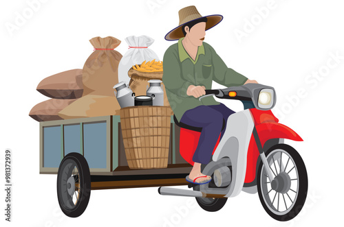 agriculturist riding motorcycles with sidecars, carrying rice sack.vector design