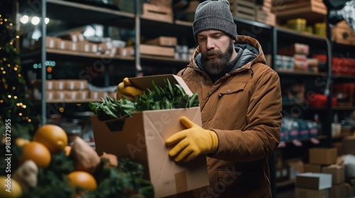 A man dressed warmly examines fresh vegetables in a cardboard box, surrounded by stacks of produce and supplies in a bustling market setting during winter