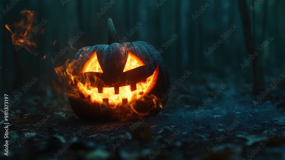 Eerie Burning Pumpkin Amidst a Misty Green Forest Backdrop